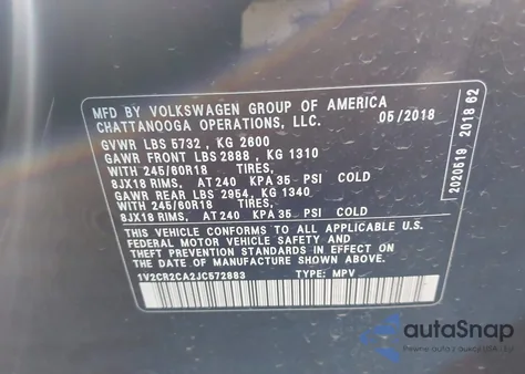 2018 Volkswagen Atlas 3.6L V6 Se from USA, damaged, VIN 1V2CR2CA2JC572883